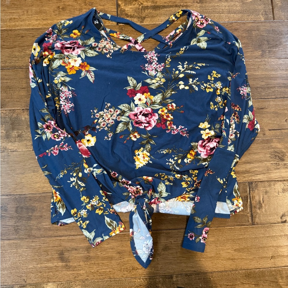 Iz Byer Floral Long Sleeve Top - Navy and Multicolor